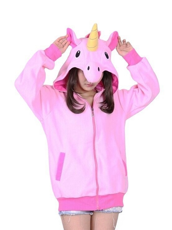 Hoodie s kapuljačom od flisa sa motivima crtane životinje: Pikachu, Vatreni zmaj, Pegaz, Mjesečni elf, Svinja i Dinosaur – crna i ružičasta