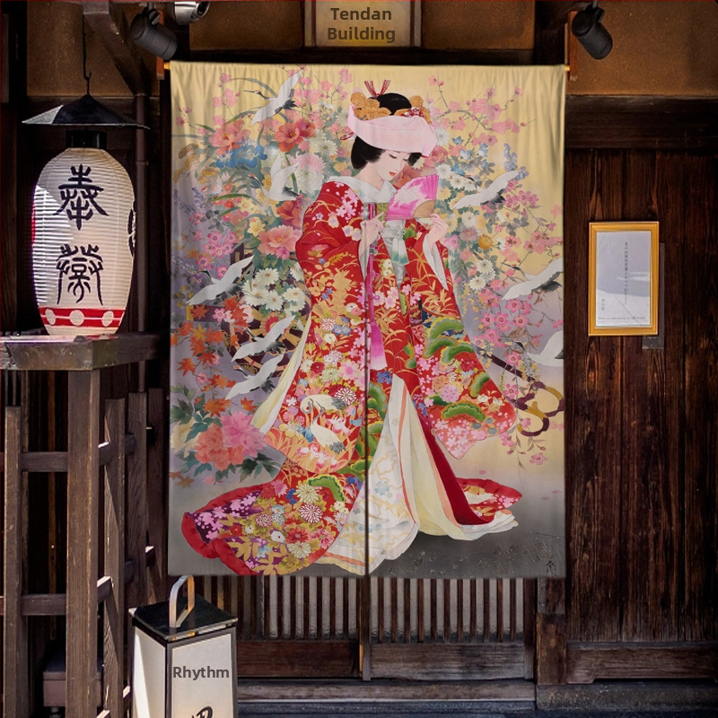 Bavlneno-ľanové závesy a rolety v japonskom štýle s potlačou pre sushi reštauráciu so zatemňovacou priečkou v pozadí.