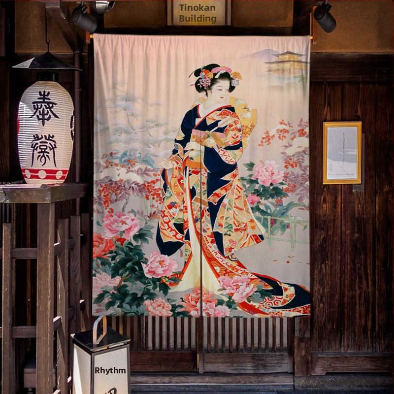 Bavlneno-ľanové závesy a rolety v japonskom štýle s potlačou pre sushi reštauráciu so zatemňovacou priečkou v pozadí.