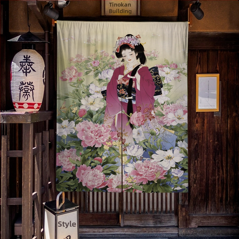 Bavlneno-ľanové závesy a rolety v japonskom štýle s potlačou pre sushi reštauráciu so zatemňovacou priečkou v pozadí.