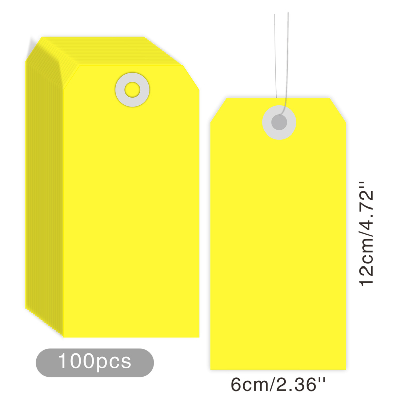 Manila papír árucímkék dróttal, 100 db, két méret: 3,5 × 7 cm és 6 × 12 cm, környezetbarát színváltozatok, ruhákhoz és poggyászhoz.
