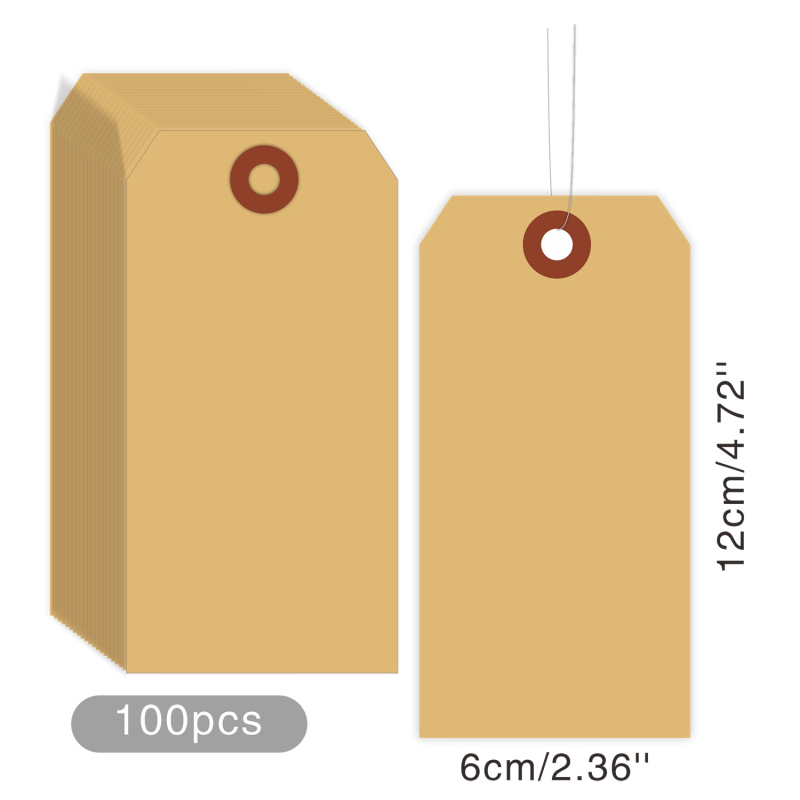 Manila papír árucímkék dróttal, 100 db, két méret: 3,5 × 7 cm és 6 × 12 cm, környezetbarát színváltozatok, ruhákhoz és poggyászhoz.