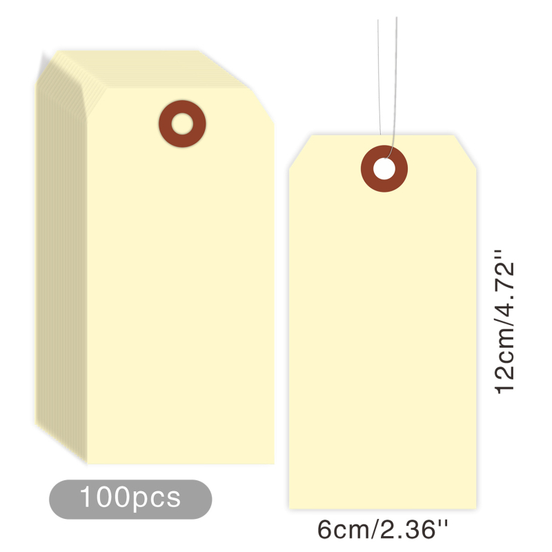 Manila papír árucímkék dróttal, 100 db, két méret: 3,5 × 7 cm és 6 × 12 cm, környezetbarát színváltozatok, ruhákhoz és poggyászhoz.