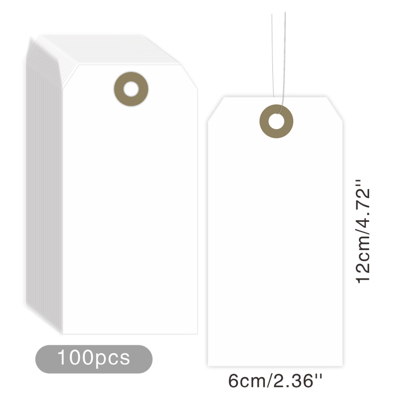 Manila papír árucímkék dróttal, 100 db, két méret: 3,5 × 7 cm és 6 × 12 cm, környezetbarát színváltozatok, ruhákhoz és poggyászhoz.