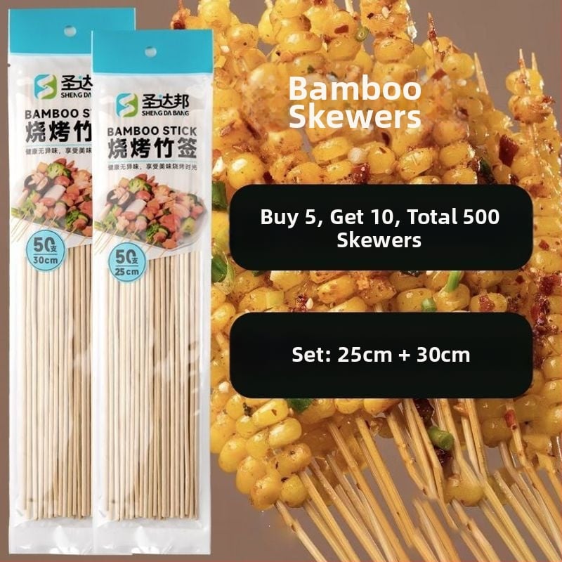 Elhasználható bambusznyárs grillhez – kolbász, odén és csípős hot pot, 25 cm hosszú, 0,15 mm vastagságú, 50 darab csomagolásonként, 2026 kiadás