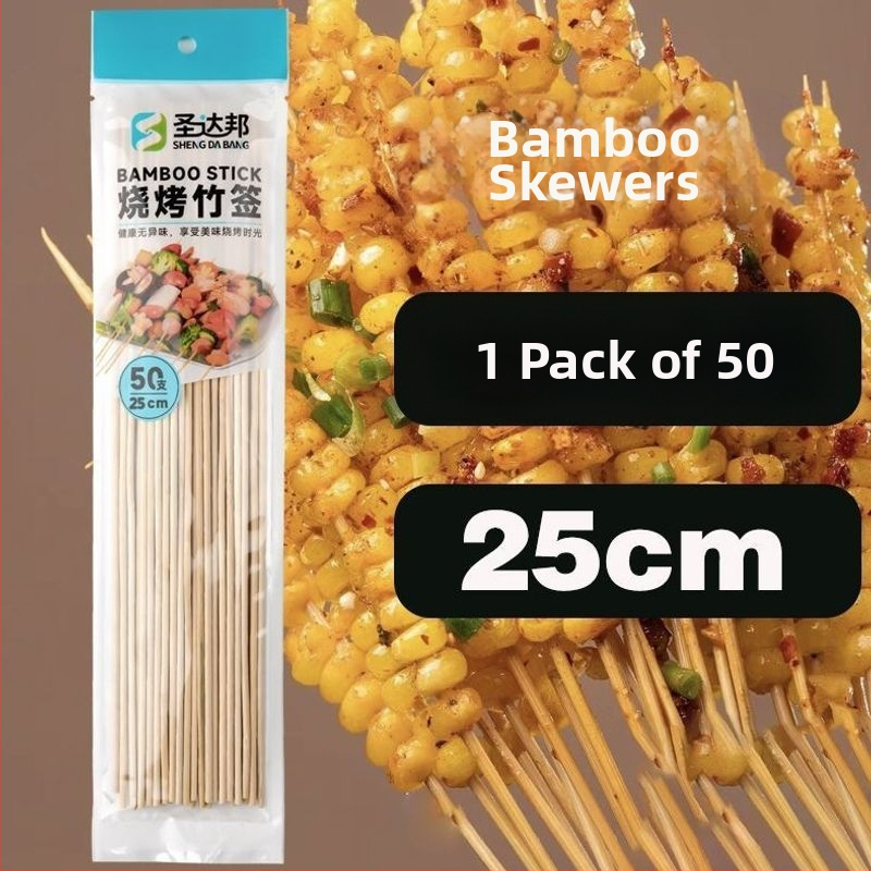 Elhasználható bambusznyárs grillhez – kolbász, odén és csípős hot pot, 25 cm hosszú, 0,15 mm vastagságú, 50 darab csomagolásonként, 2026 kiadás