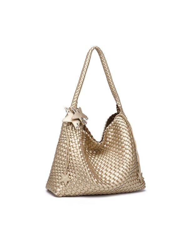 Geantă tote țesută Ecologică, culoare șampanie, capacitate mare, mărime medie, pentru deplasări zilnice, ținută la mână sau pe umăr, modă feminină, design original