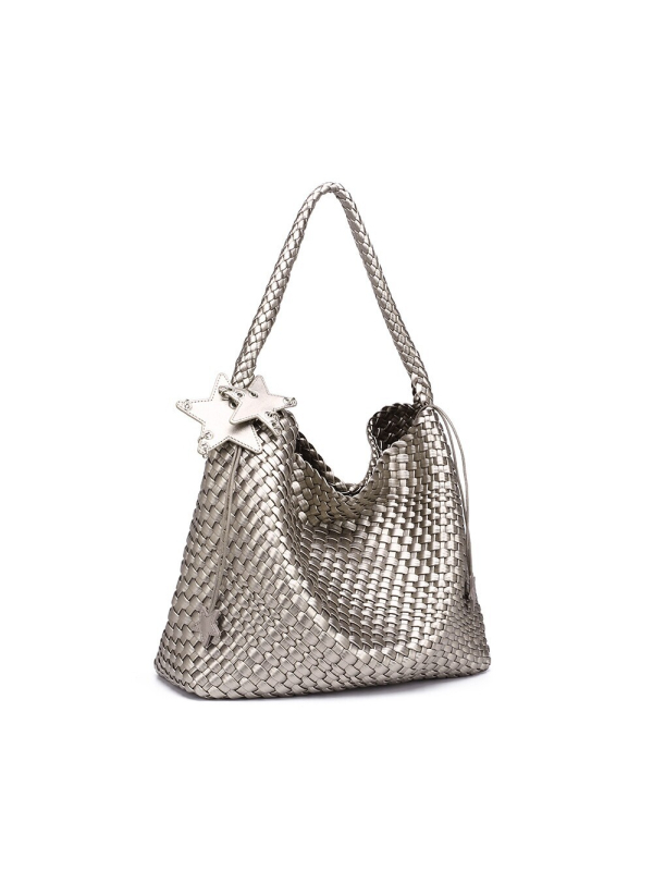 Geantă tote țesută Ecologică, culoare șampanie, capacitate mare, mărime medie, pentru deplasări zilnice, ținută la mână sau pe umăr, modă feminină, design original