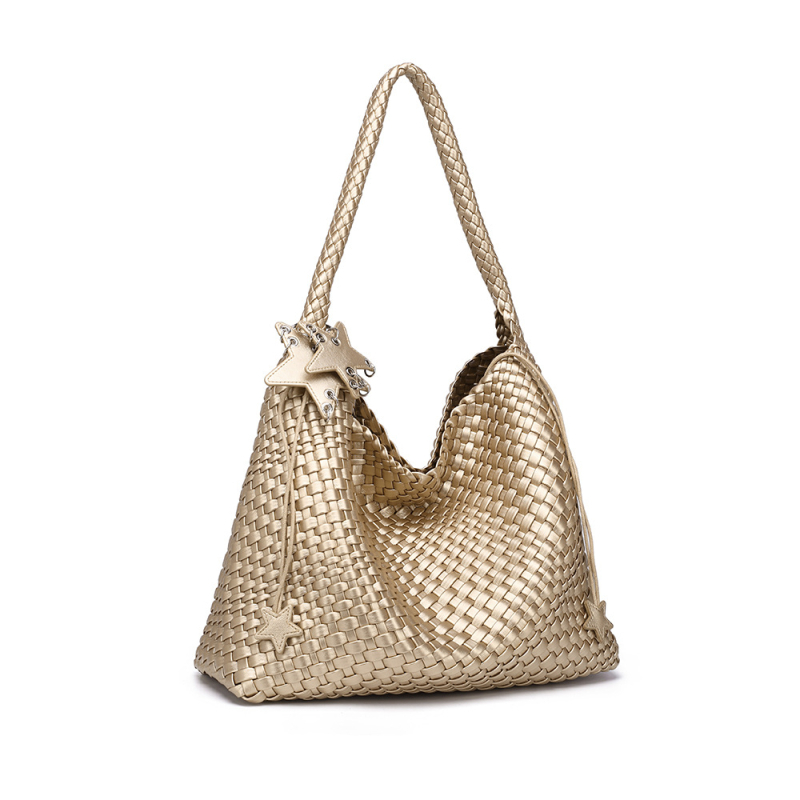 Geantă tote țesută Ecologică, culoare șampanie, capacitate mare, mărime medie, pentru deplasări zilnice, ținută la mână sau pe umăr, modă feminină, design original