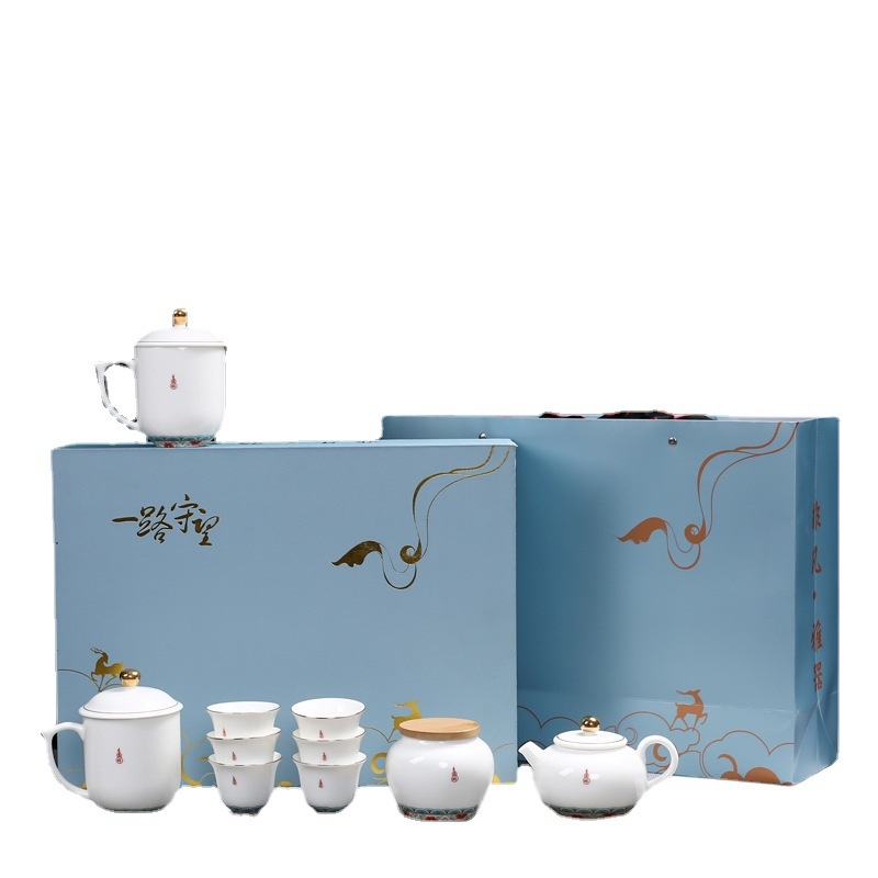 Emailezett színű Kung Fu teáskészlet fehér porcelánból — teáskanna, fedeles teáscsésze és fedeles tál otthoni tea-ceremóniához