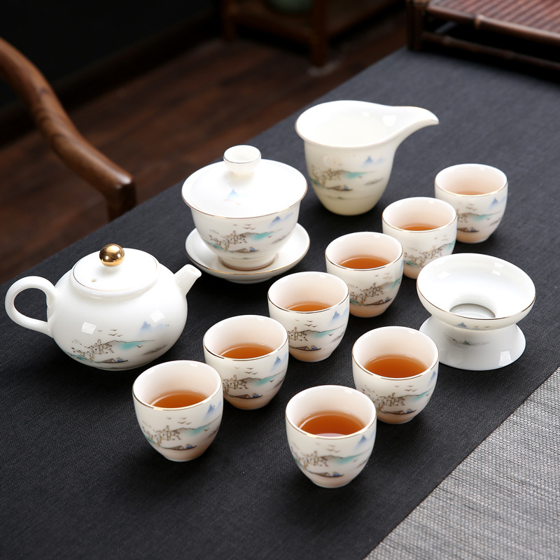Emailezett színű Kung Fu teáskészlet fehér porcelánból — teáskanna, fedeles teáscsésze és fedeles tál otthoni tea-ceremóniához