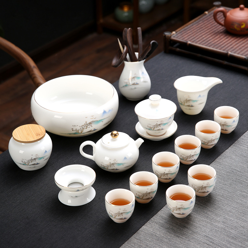 Emailezett színű Kung Fu teáskészlet fehér porcelánból — teáskanna, fedeles teáscsésze és fedeles tál otthoni tea-ceremóniához