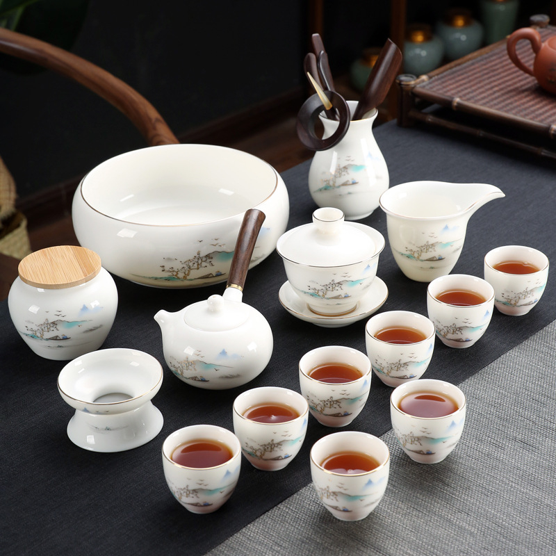 Emailezett színű Kung Fu teáskészlet fehér porcelánból — teáskanna, fedeles teáscsésze és fedeles tál otthoni tea-ceremóniához
