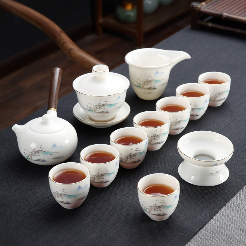 Emailezett színű Kung Fu teáskészlet fehér porcelánból — teáskanna, fedeles teáscsésze és fedeles tál otthoni tea-ceremóniához