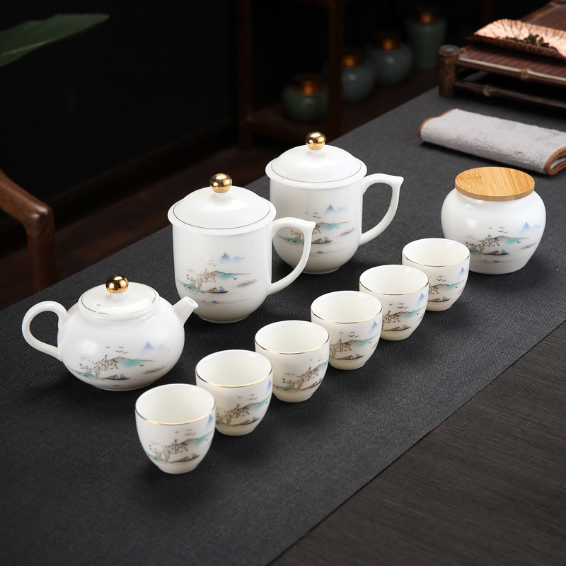 Emailezett színű Kung Fu teáskészlet fehér porcelánból — teáskanna, fedeles teáscsésze és fedeles tál otthoni tea-ceremóniához