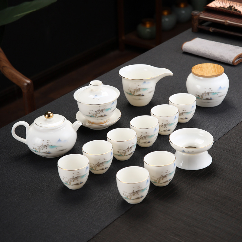 Emailezett színű Kung Fu teáskészlet fehér porcelánból — teáskanna, fedeles teáscsésze és fedeles tál otthoni tea-ceremóniához