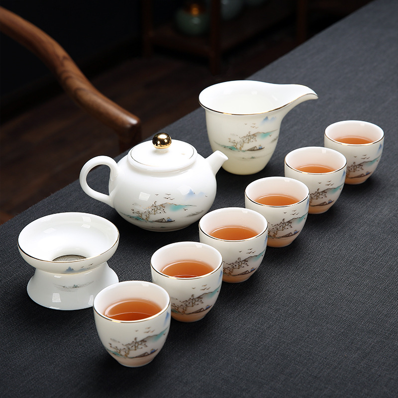 Emailezett színű Kung Fu teáskészlet fehér porcelánból — teáskanna, fedeles teáscsésze és fedeles tál otthoni tea-ceremóniához