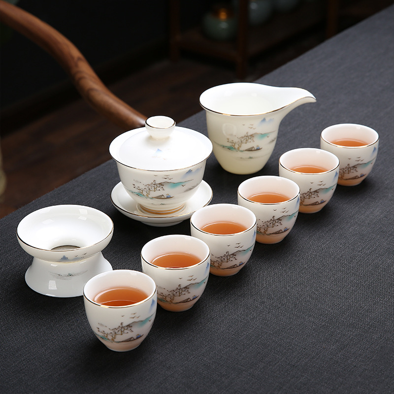 Emailezett színű Kung Fu teáskészlet fehér porcelánból — teáskanna, fedeles teáscsésze és fedeles tál otthoni tea-ceremóniához