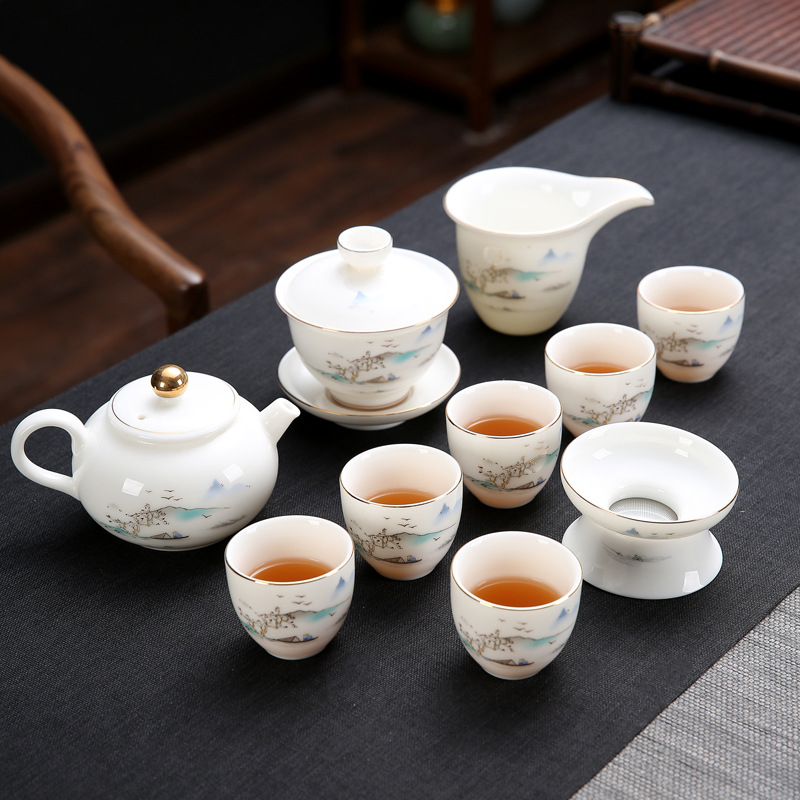 Emailezett színű Kung Fu teáskészlet fehér porcelánból — teáskanna, fedeles teáscsésze és fedeles tál otthoni tea-ceremóniához