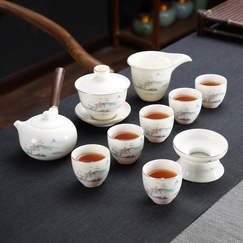 Emailezett színű Kung Fu teáskészlet fehér porcelánból — teáskanna, fedeles teáscsésze és fedeles tál otthoni tea-ceremóniához