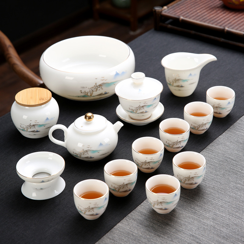 Emailezett színű Kung Fu teáskészlet fehér porcelánból — teáskanna, fedeles teáscsésze és fedeles tál otthoni tea-ceremóniához
