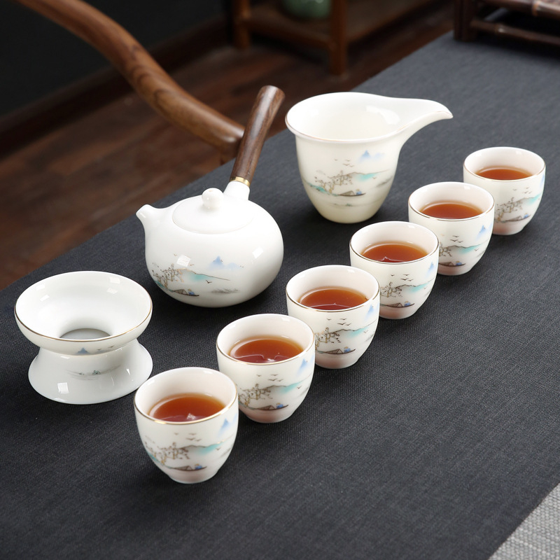 Emailezett színű Kung Fu teáskészlet fehér porcelánból — teáskanna, fedeles teáscsésze és fedeles tál otthoni tea-ceremóniához