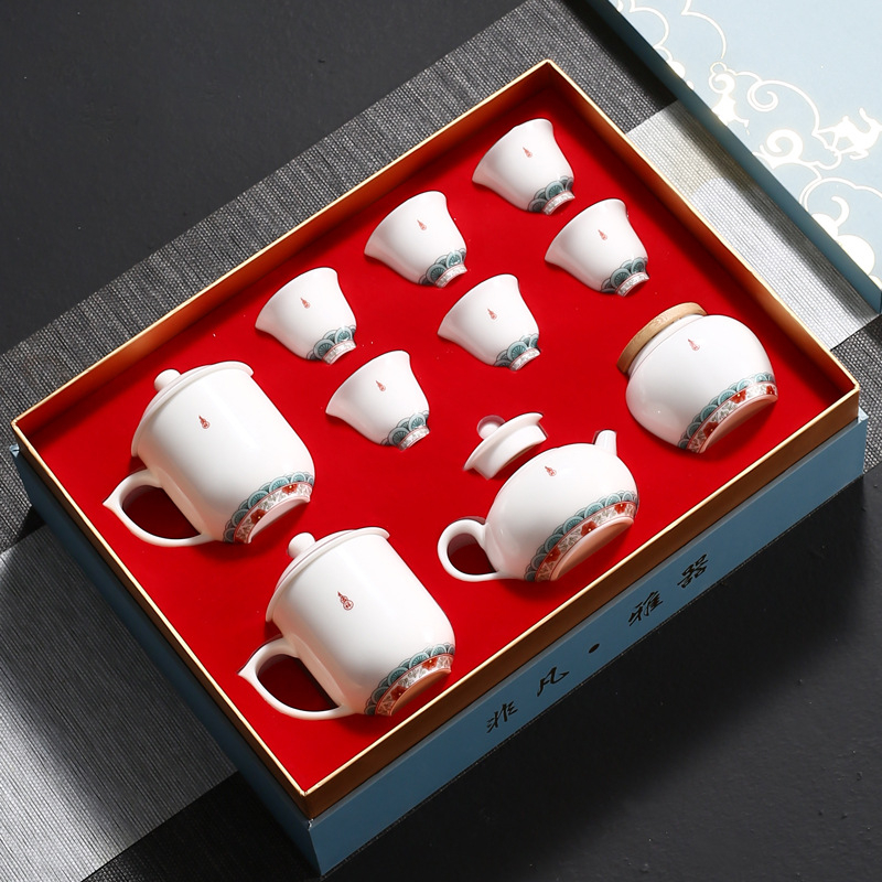 Emailezett színű Kung Fu teáskészlet fehér porcelánból — teáskanna, fedeles teáscsésze és fedeles tál otthoni tea-ceremóniához