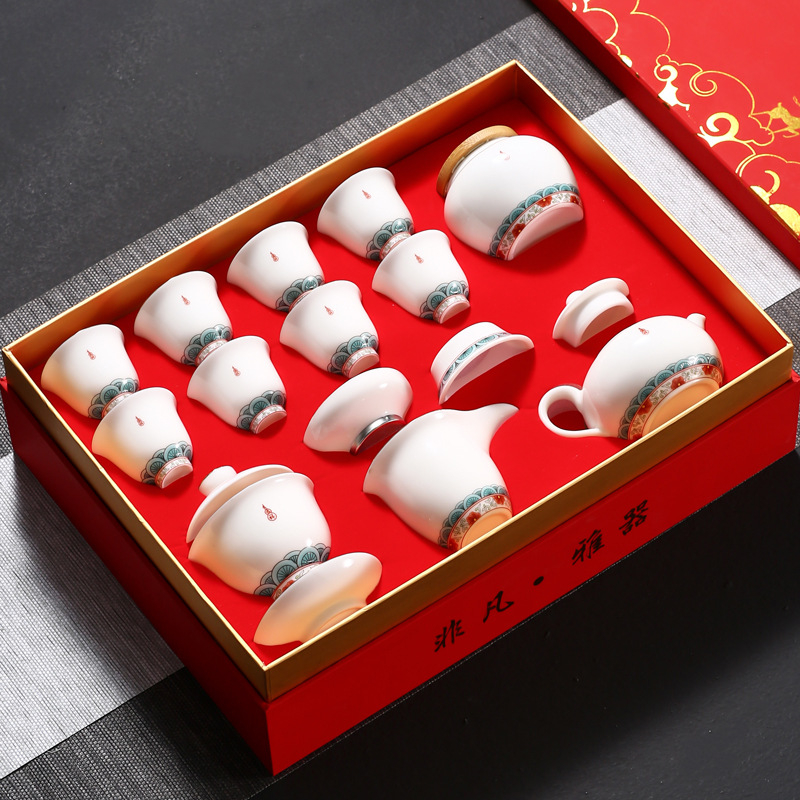 Emailezett színű Kung Fu teáskészlet fehér porcelánból — teáskanna, fedeles teáscsésze és fedeles tál otthoni tea-ceremóniához