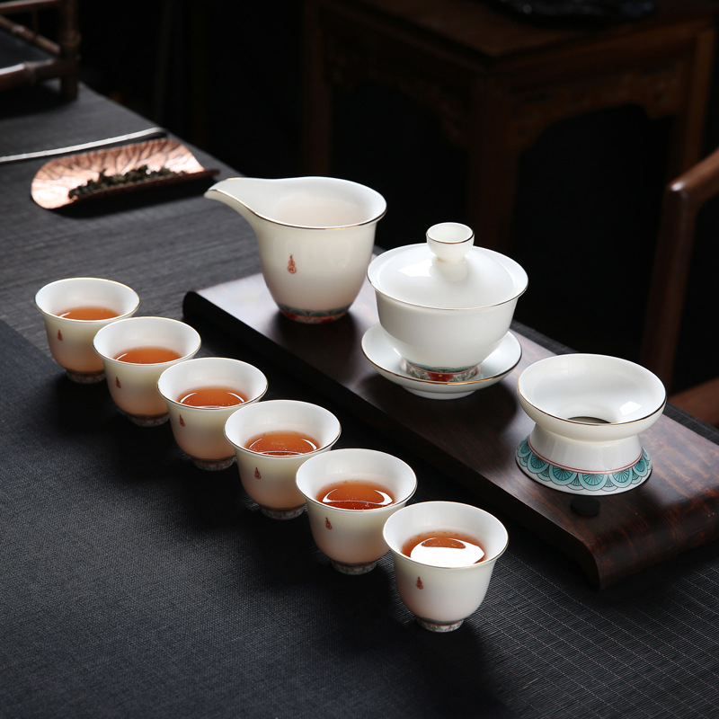 Emailezett színű Kung Fu teáskészlet fehér porcelánból — teáskanna, fedeles teáscsésze és fedeles tál otthoni tea-ceremóniához
