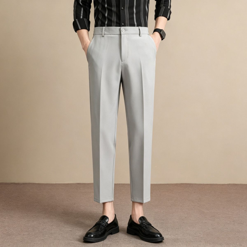 Мъжки луксозни летни костюмни панталони, Slim Straight, дължина до глезена, бизнес ежедневни, антибръчка, гладко падане