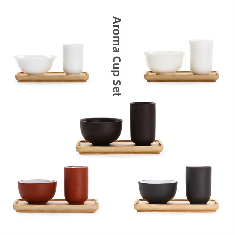 Oolong teás készlet művészi kialakítású aromás pohárral, lila agyagból készült teázó eszközök és fehér porcelán