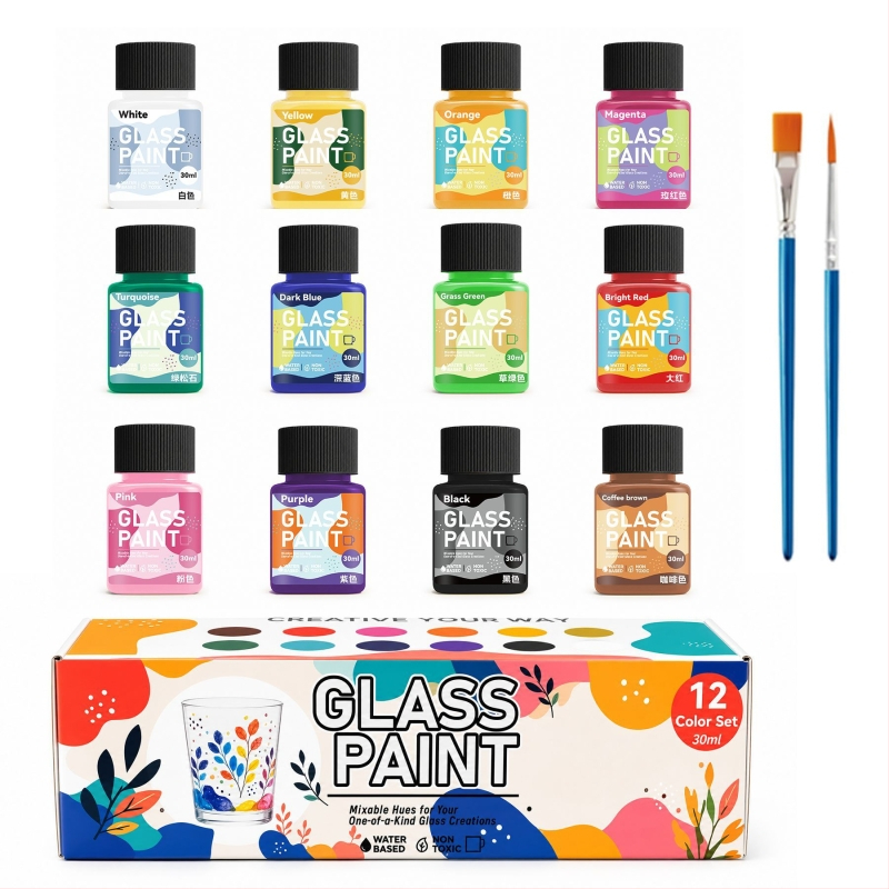 Σετ διαφανών χρωμάτων για γυαλί, 30 ml, για DIY γκράφιτι σε γυάλινη επιφάνεια, γραμμές και γκουάς