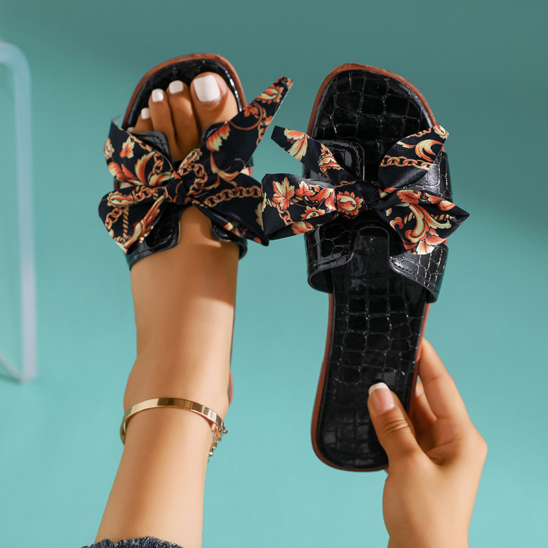 Дамски сандали с панделка за лято – открит пръст, slip-on, плажни обувки, горна част от изкуствена кожа, PU подплата, гумирана подметка