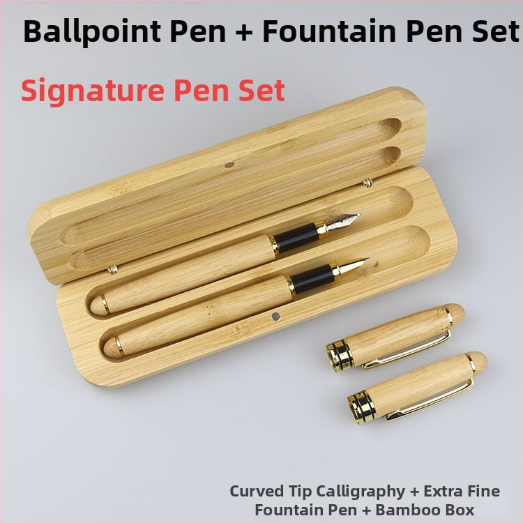 Комплект от бамбукови писалки с гравиране — перова писалка, подписна писалка и химикалка