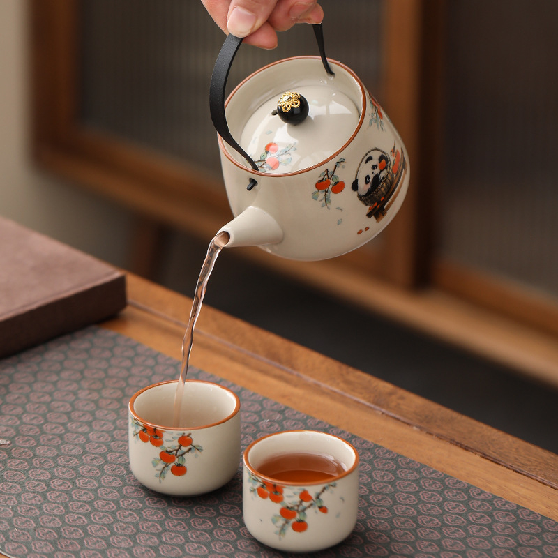 Panda teáskanna fogantyúval, Ru Kiln kerámia, kínai stílus, elegáns magas minőségű teáskanna