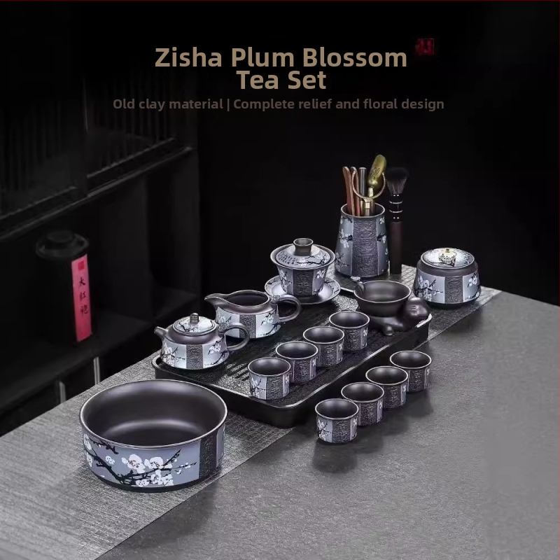 Purpúrszínű homok agyagból készült Yixing teáskészlet, domborított retro dizájn, teáskanna és csészék, otthoni luxus, bambusz teás tálca, 6–10 személyre