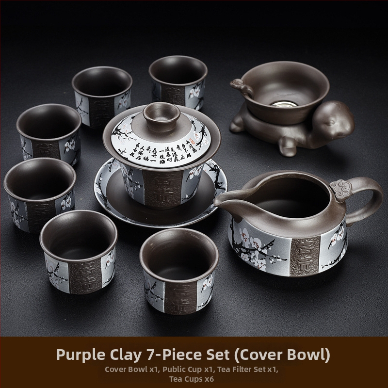 Purpúrszínű homok agyagból készült Yixing teáskészlet, domborított retro dizájn, teáskanna és csészék, otthoni luxus, bambusz teás tálca, 6–10 személyre