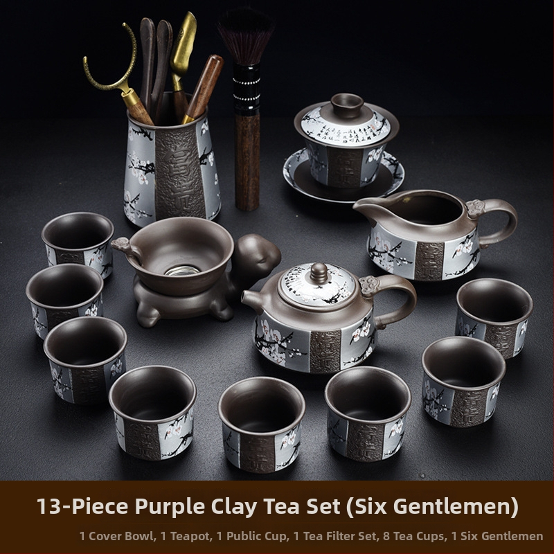 Purpúrszínű homok agyagból készült Yixing teáskészlet, domborított retro dizájn, teáskanna és csészék, otthoni luxus, bambusz teás tálca, 6–10 személyre