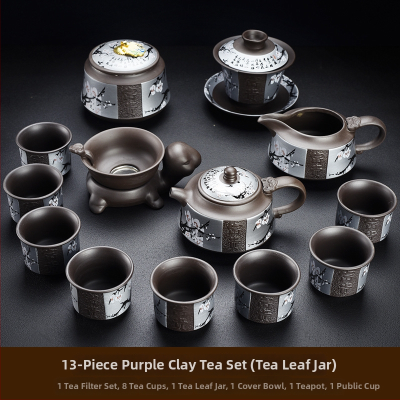 Purpúrszínű homok agyagból készült Yixing teáskészlet, domborított retro dizájn, teáskanna és csészék, otthoni luxus, bambusz teás tálca, 6–10 személyre