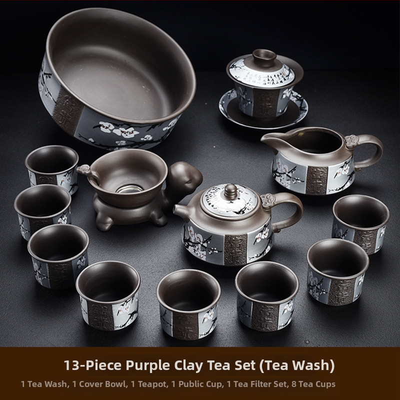 Purpúrszínű homok agyagból készült Yixing teáskészlet, domborított retro dizájn, teáskanna és csészék, otthoni luxus, bambusz teás tálca, 6–10 személyre