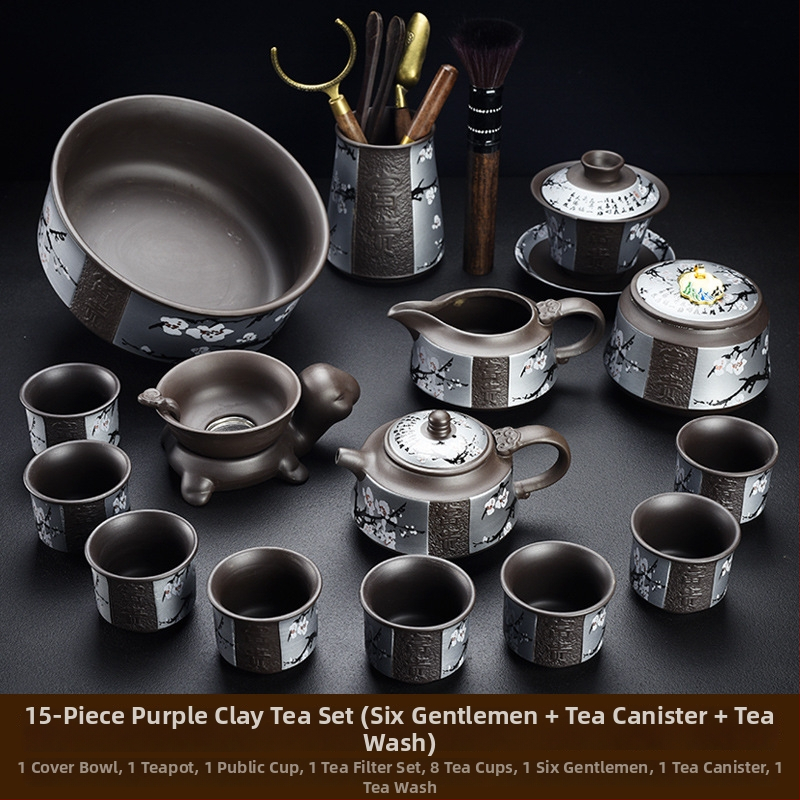 Purpúrszínű homok agyagból készült Yixing teáskészlet, domborított retro dizájn, teáskanna és csészék, otthoni luxus, bambusz teás tálca, 6–10 személyre