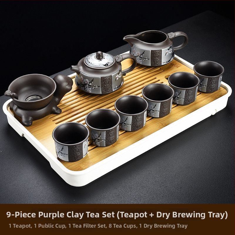 Purpúrszínű homok agyagból készült Yixing teáskészlet, domborított retro dizájn, teáskanna és csészék, otthoni luxus, bambusz teás tálca, 6–10 személyre