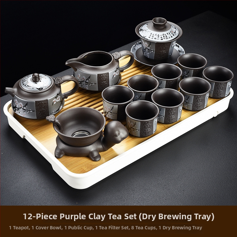 Purpúrszínű homok agyagból készült Yixing teáskészlet, domborított retro dizájn, teáskanna és csészék, otthoni luxus, bambusz teás tálca, 6–10 személyre