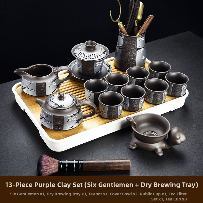 Purpúrszínű homok agyagból készült Yixing teáskészlet, domborított retro dizájn, teáskanna és csészék, otthoni luxus, bambusz teás tálca, 6–10 személyre
