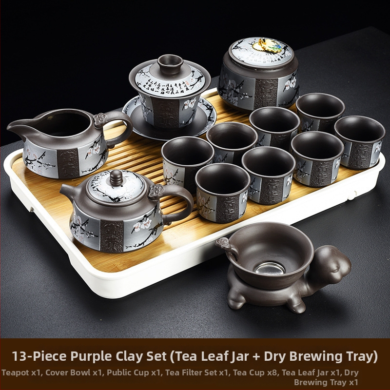 Purpúrszínű homok agyagból készült Yixing teáskészlet, domborított retro dizájn, teáskanna és csészék, otthoni luxus, bambusz teás tálca, 6–10 személyre