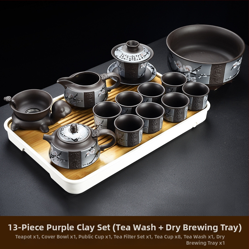 Purpúrszínű homok agyagból készült Yixing teáskészlet, domborított retro dizájn, teáskanna és csészék, otthoni luxus, bambusz teás tálca, 6–10 személyre