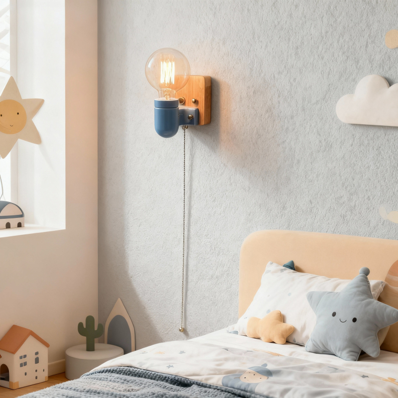 Zidna LED svjetiljka u japanskom stilu Wabi-Sabi za dječju sobu, od drva, šareno keramičko sjenilo