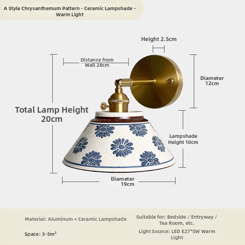Zidna lampa od keramike s glaziranim završnim slojem, u japanskom stilu, retro dizajn, minimalističko osvjetljenje za spavaću sobu, uz krevet i kut stuba.