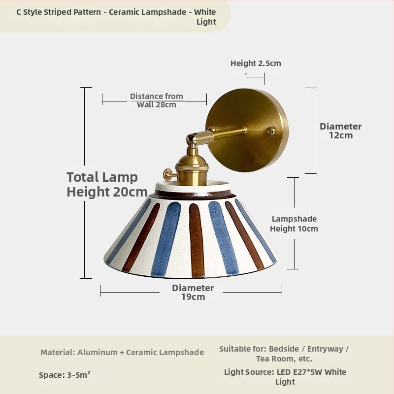 Zidna lampa od keramike s glaziranim završnim slojem, u japanskom stilu, retro dizajn, minimalističko osvjetljenje za spavaću sobu, uz krevet i kut stuba.