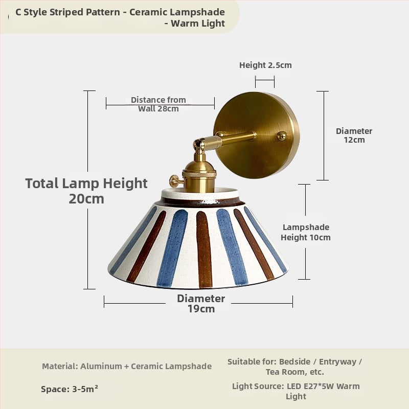 Zidna lampa od keramike s glaziranim završnim slojem, u japanskom stilu, retro dizajn, minimalističko osvjetljenje za spavaću sobu, uz krevet i kut stuba.